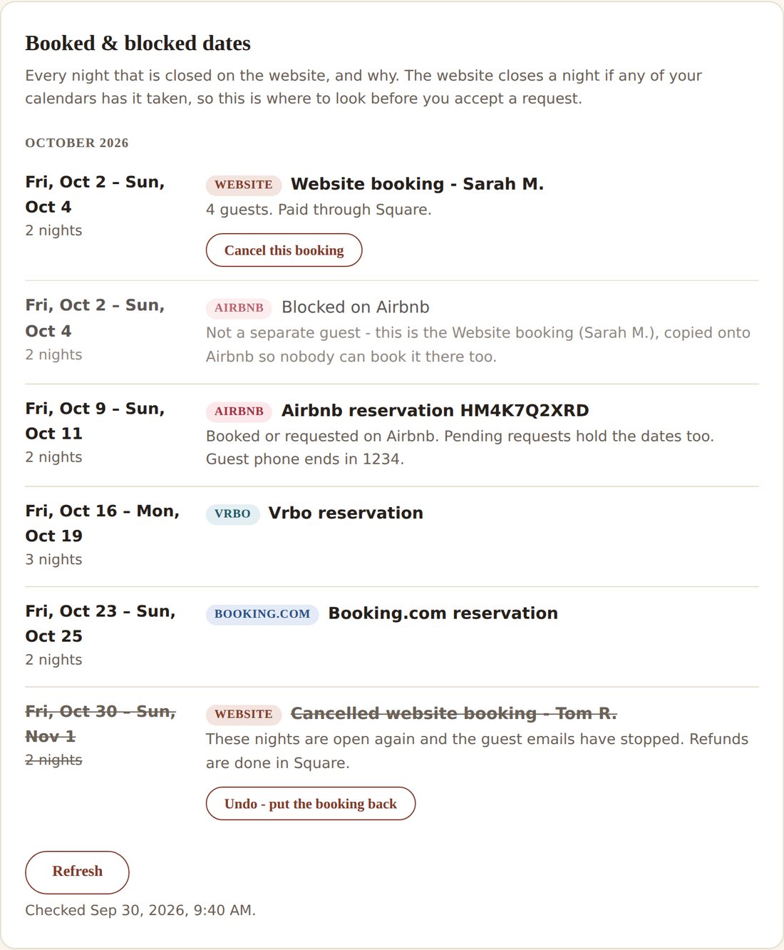 Owner Dashboard calendar listing every stay from the website, Airbnb, Vrbo and Booking.com in one place, with cancel and undo buttons