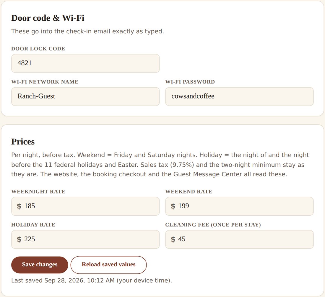 Owner Dashboard settings for door lock code, Wi-Fi and nightly prices