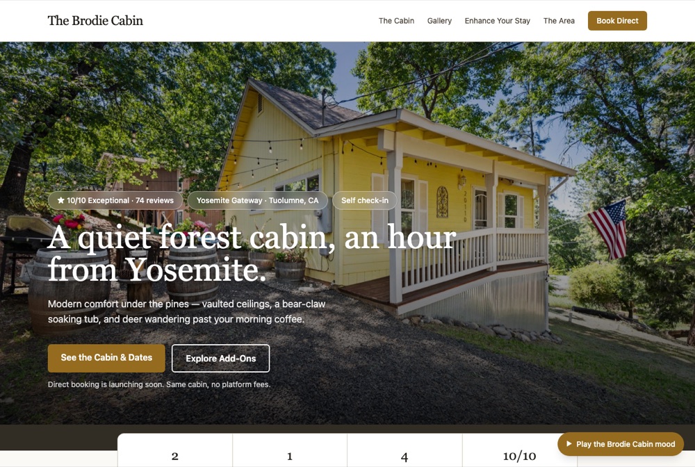 Brodie Cabin direct booking website